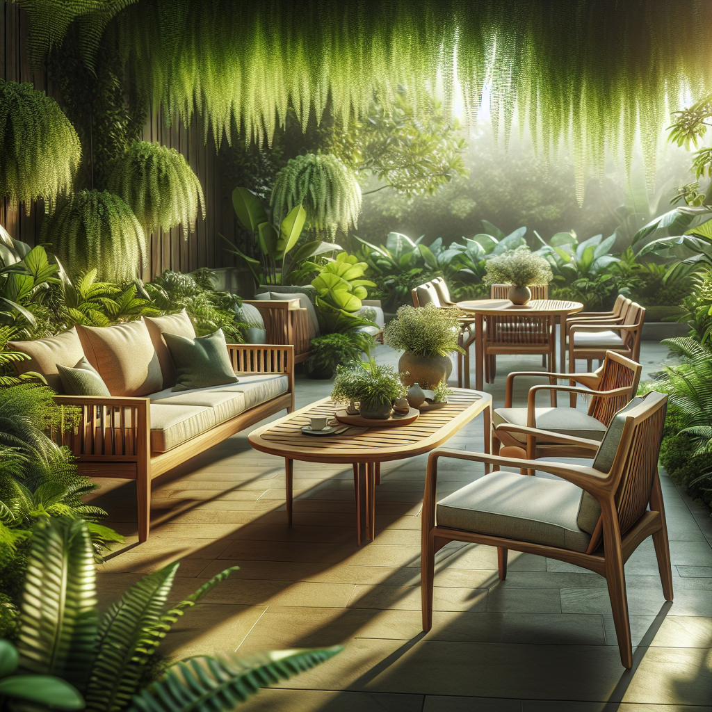 Teak wood garden furniture set with table and chairs surrounded by greenery