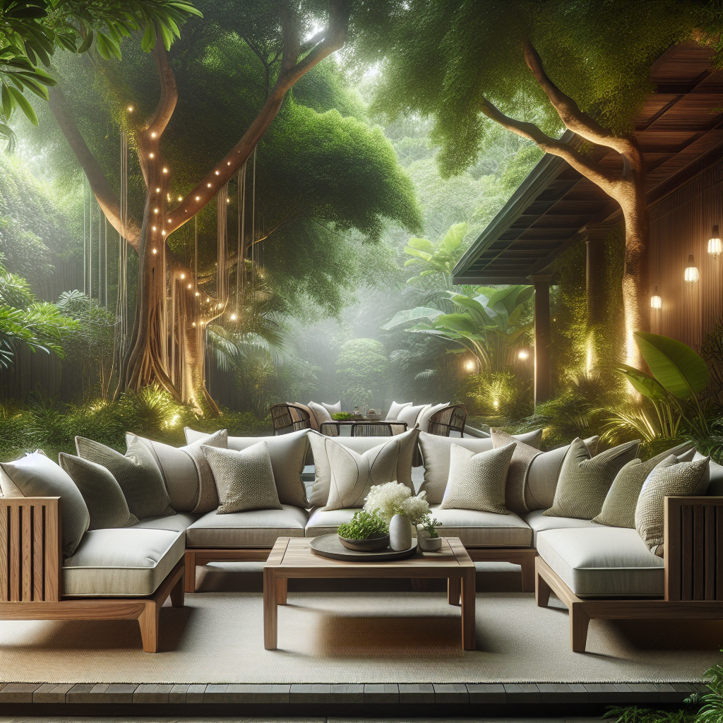 Outdoor teak sofa with cushions on patio