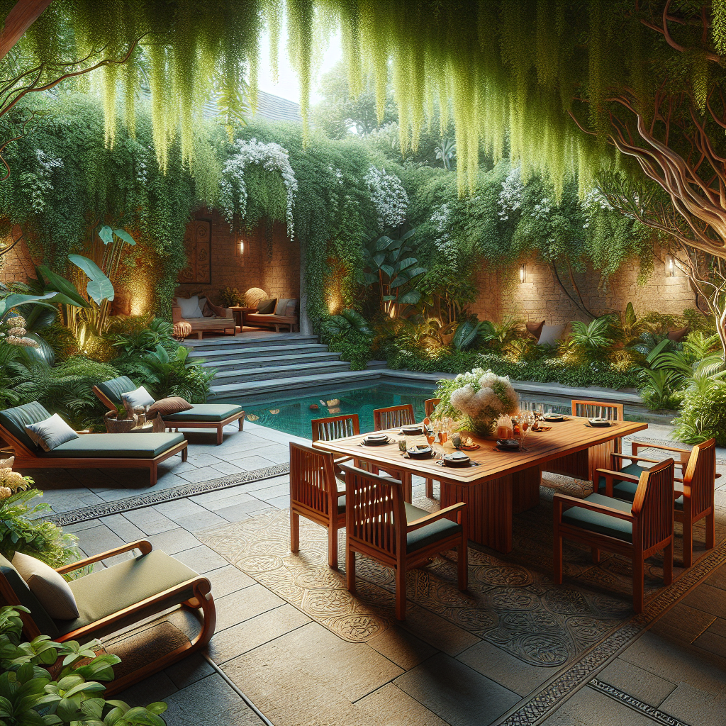 Teak wood patio furniture set outdoors with dining table and lounge chairs