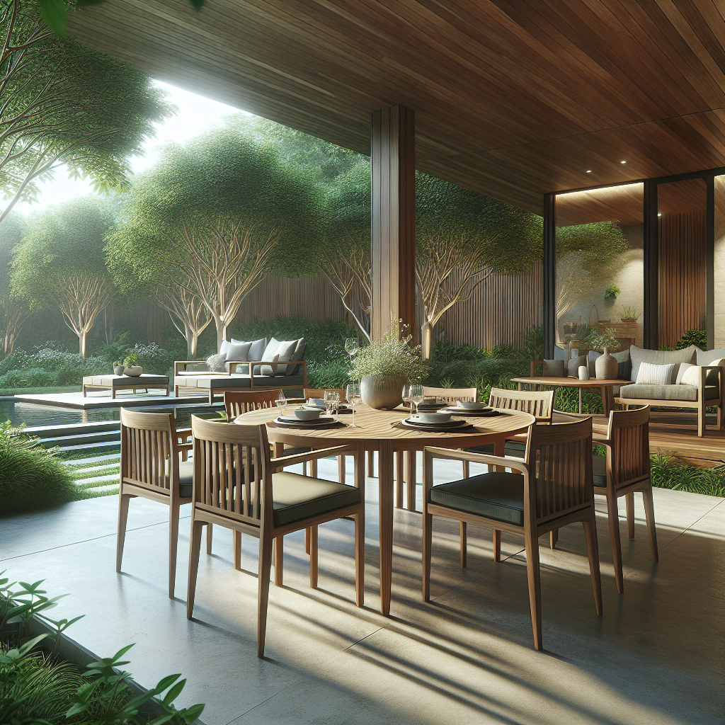 Teak wood patio dining set with chairs in a garden