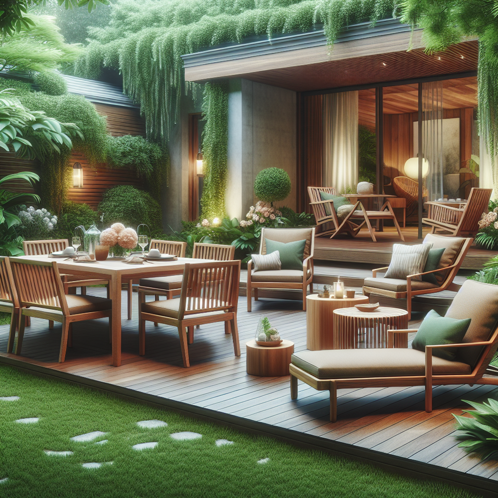 Teak wood patio furniture set including dining table and chairs under soft sunlight