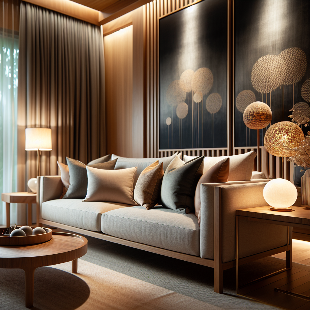 Cozy modern sofa with solid wood frame and cushions in elegant living room