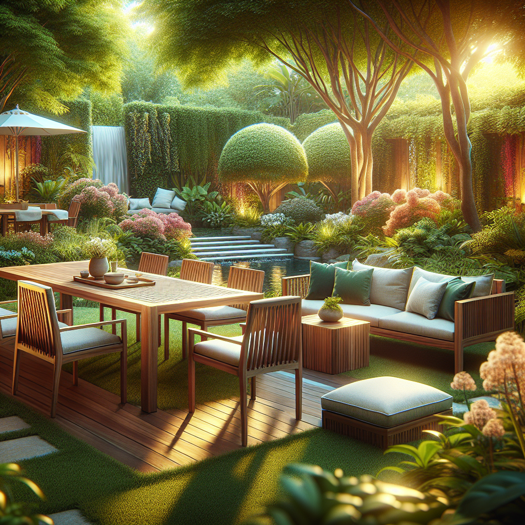 Teak outdoor garden furniture including table and chairs surrounded by greenery