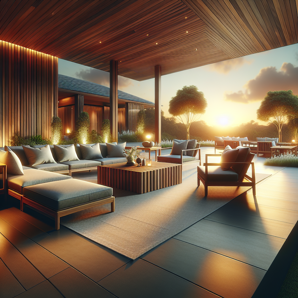 Outdoor lounge set made of teak wood on a patio with cushions