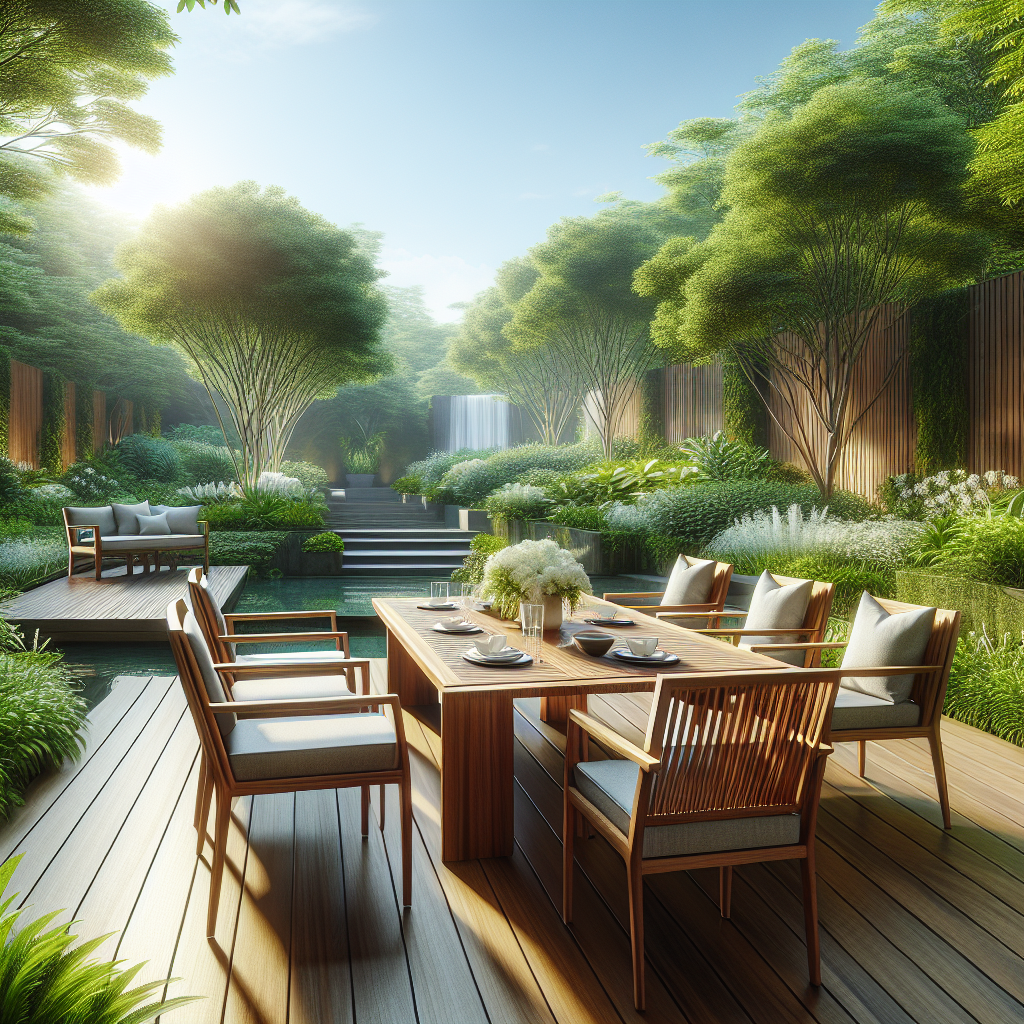 Stylish teak garden furniture set with chairs and table in a lush garden