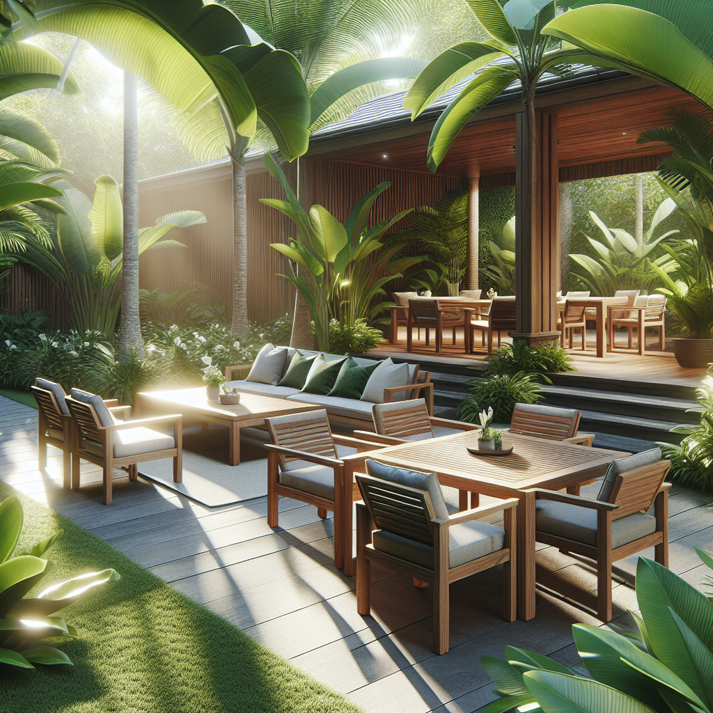 Indonesian teak garden furniture including dining table and chairs in tropical outdoor setting