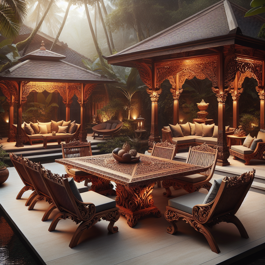 outdoor teak furniture set in tropical garden