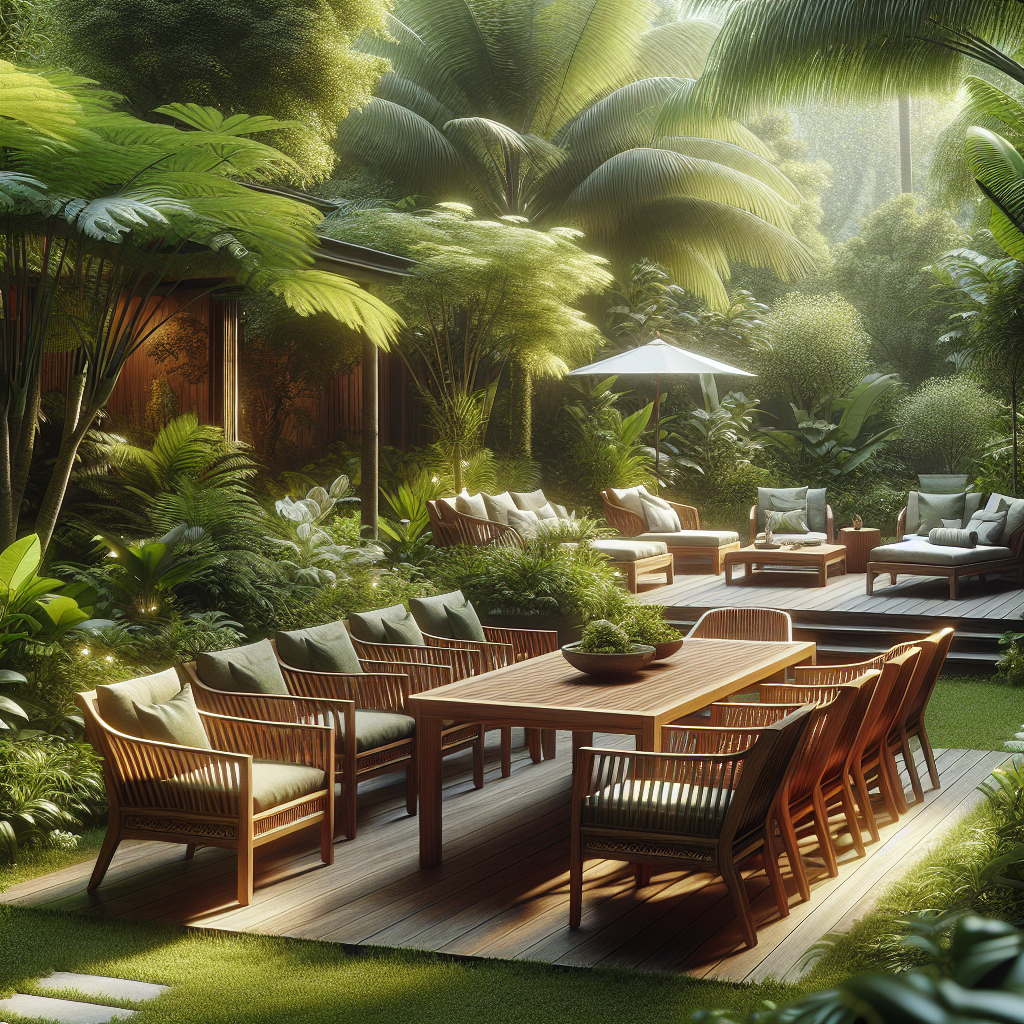 Elegant garden furniture made from Indonesian teak wood in tropical garden