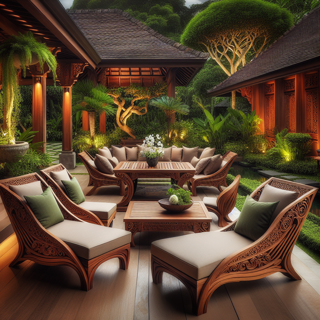 Indonesian teak outdoor furniture in garden setting