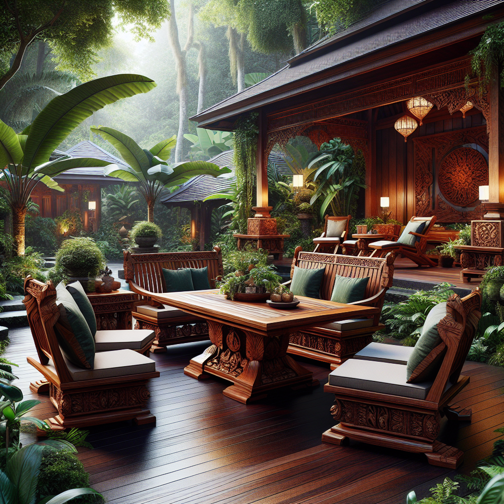 Indonesian teak garden furniture in a lush garden setting