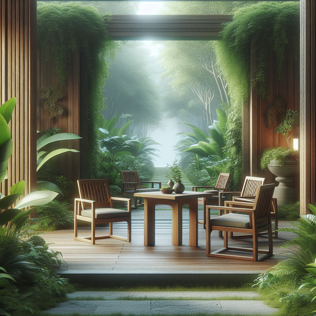Indonesian teak garden furniture set amidst greenery