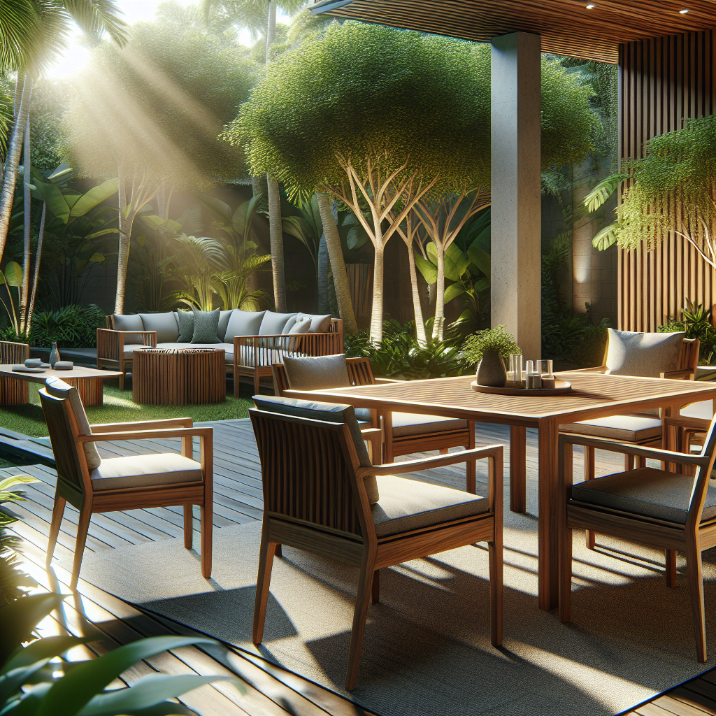 Outdoor teak wood dining table and chairs in garden setting