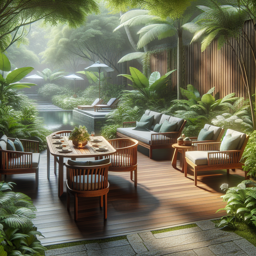 Indonesian teak wood garden furniture in a tropical garden setting