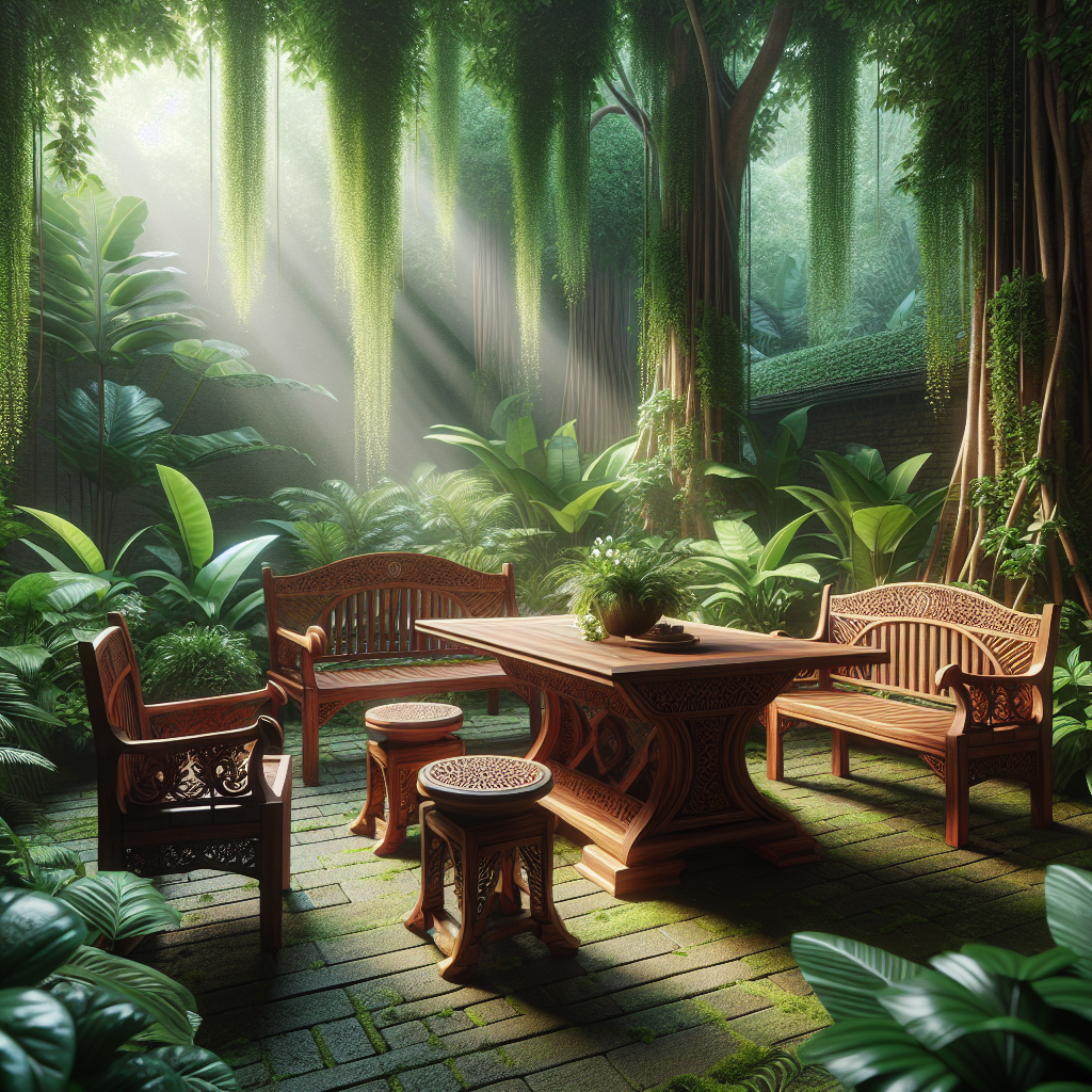 Indonesian teak garden furniture including dining table, chairs, and bench in tropical garden