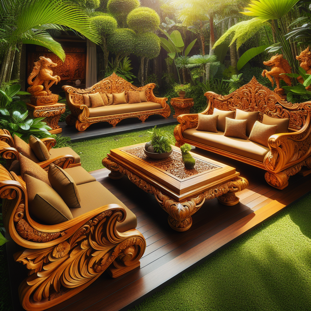 Teak garden furniture set with bench, lounge chairs, and coffee table in tropical garden