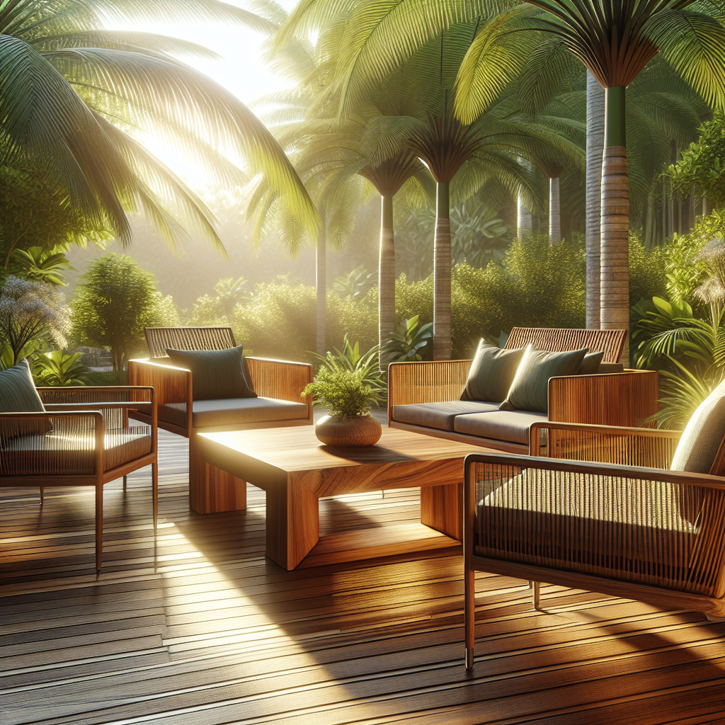 Outdoor teak furniture made from Indonesian teak wood in tropical garden