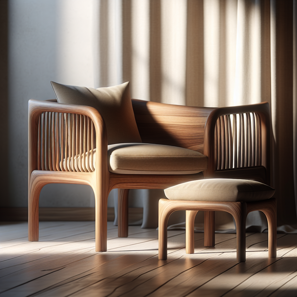 Teak chair and footstool set with natural wood grain