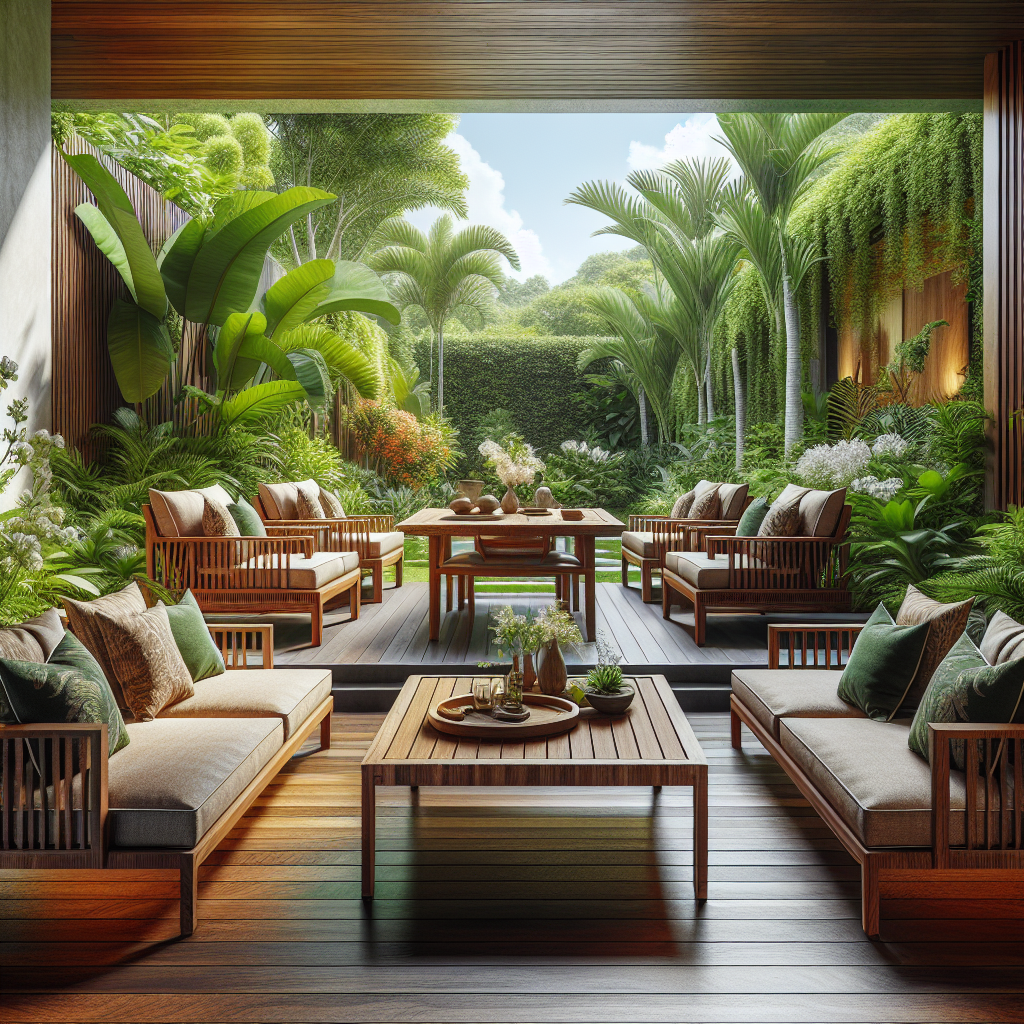 Indonesian teak outdoor furniture set on garden patio