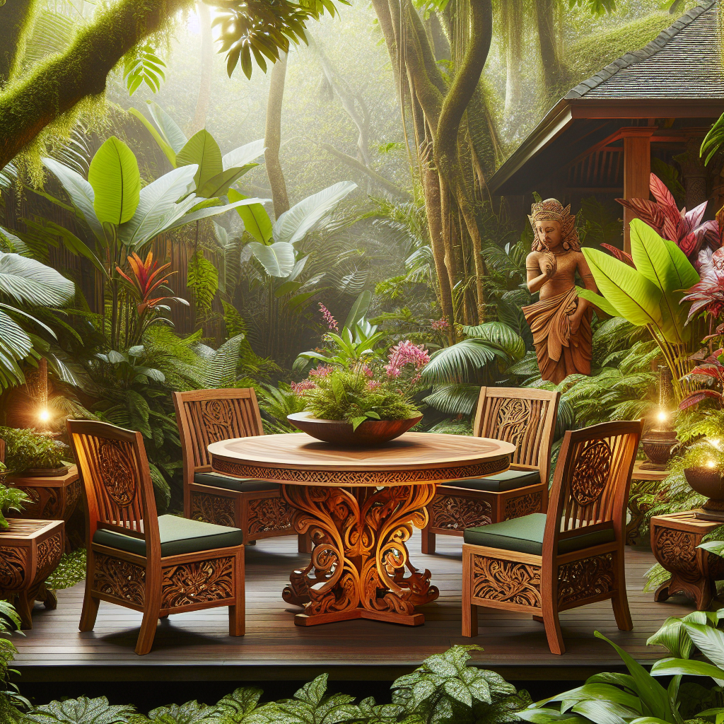 Teak wood garden furniture set in outdoor tropical garden