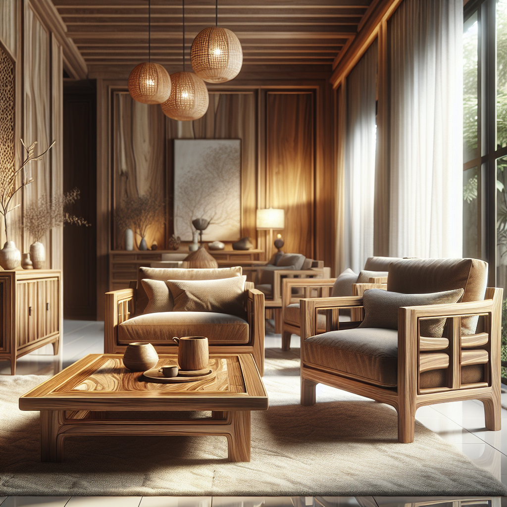 Luxurious indoor living room with Indonesian teak furniture