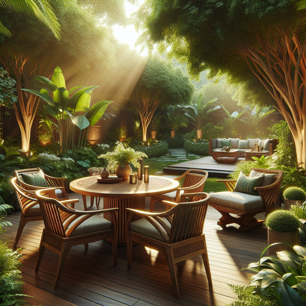 Elegant teak garden furniture in lush outdoor setting