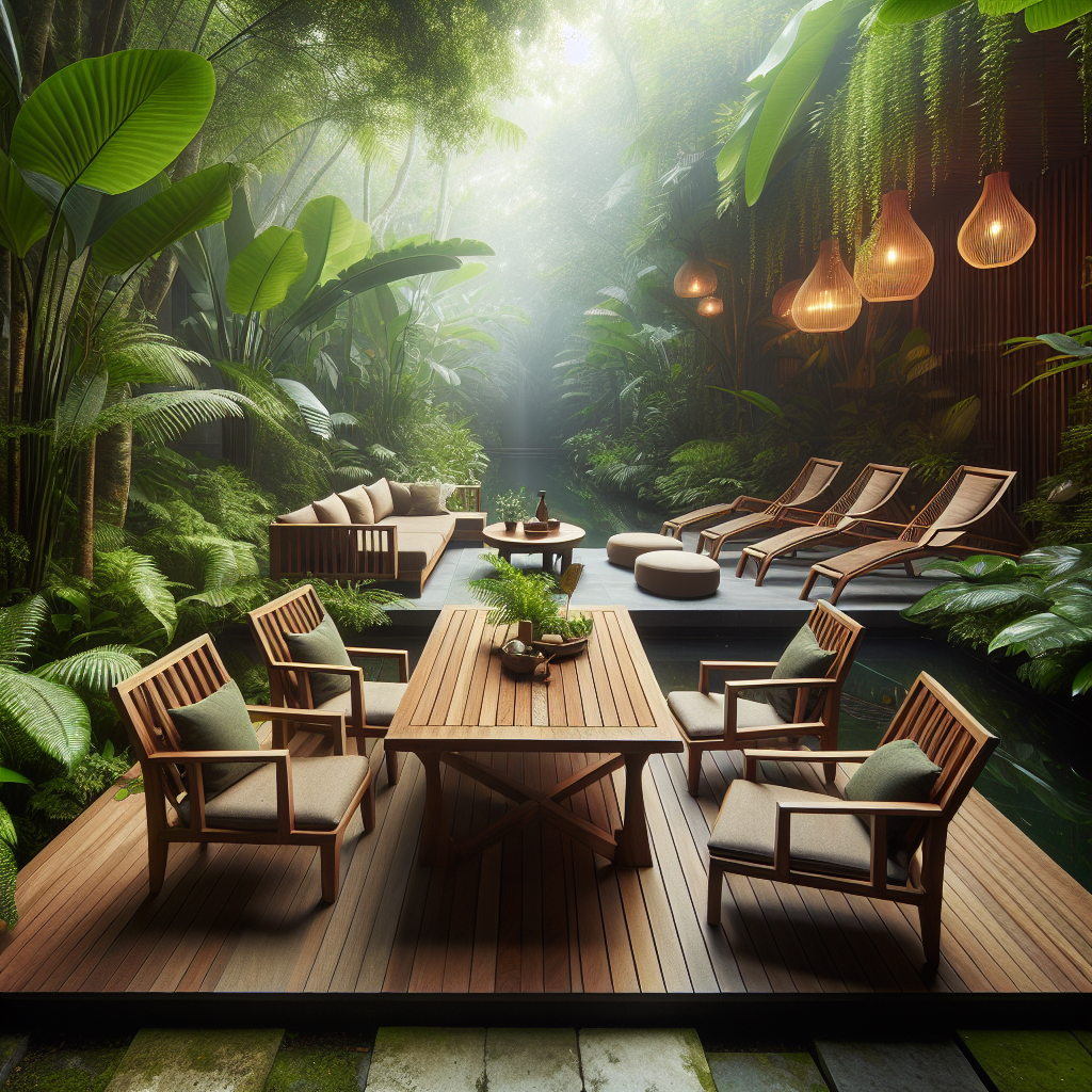 Outdoor furniture set made of Indonesian teak wood in tropical garden