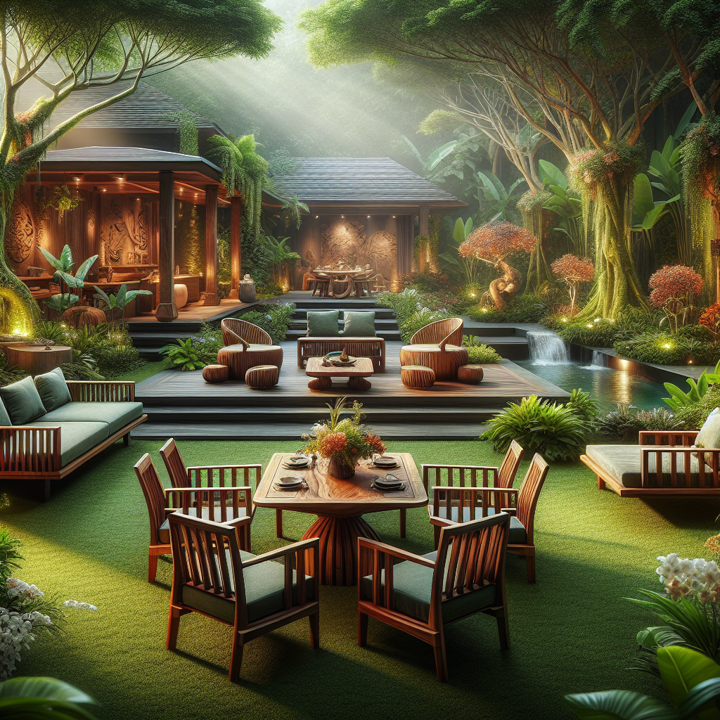 Indonesian teak garden furniture set in a lush green tropical garden