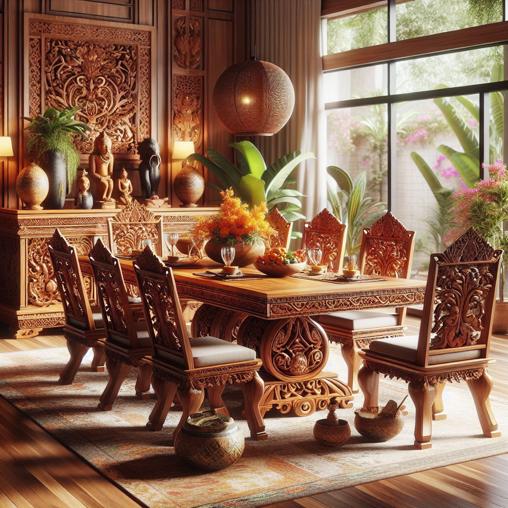 Indonesian teak wood dining table and chairs with natural wood grain