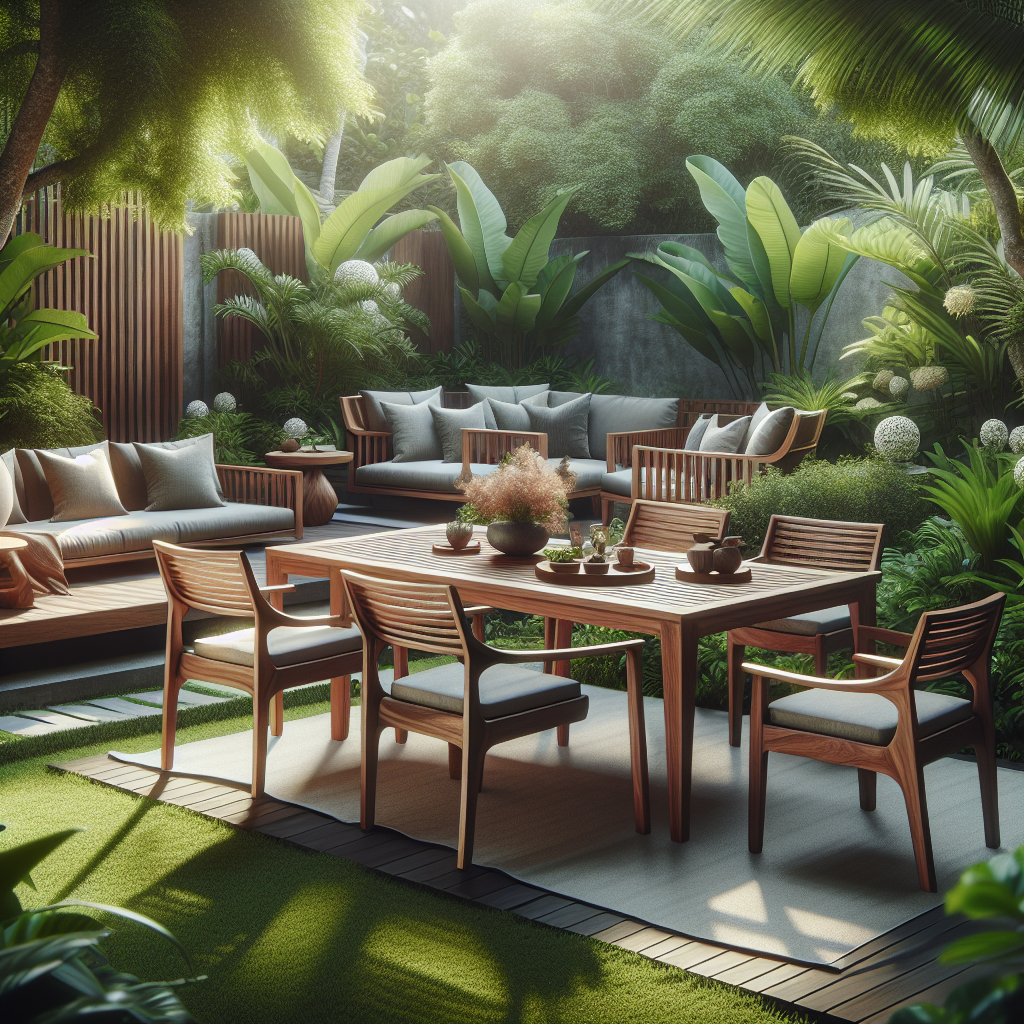 Teak garden furniture made in Indonesia placed in a tropical garden setting