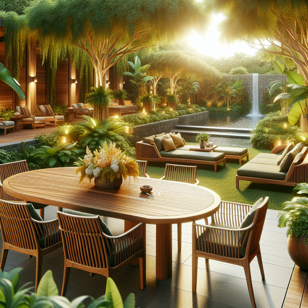Teak garden furniture displayed in a green garden with natural light
