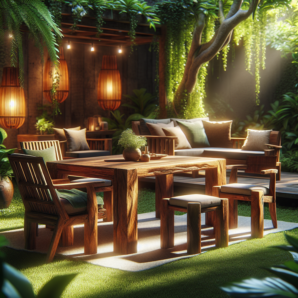 Teak garden furniture set in Indonesian garden