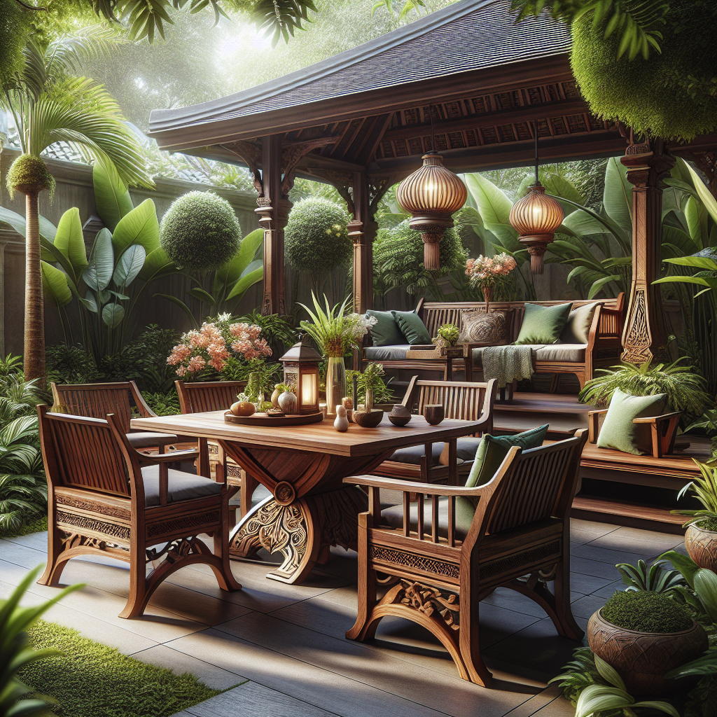 Teak garden furniture set including table and chairs in a lush tropical garden