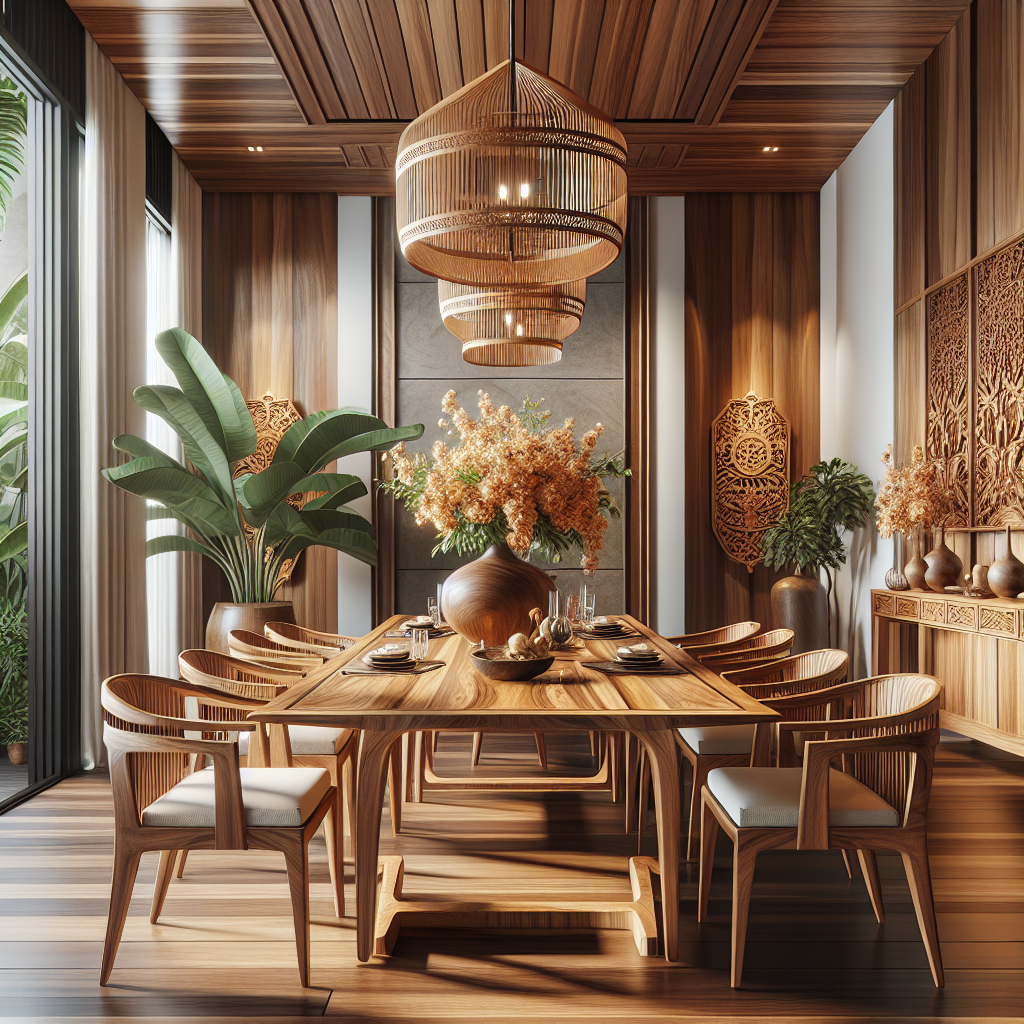Indonesian teak wood dining table with chairs in a modern room