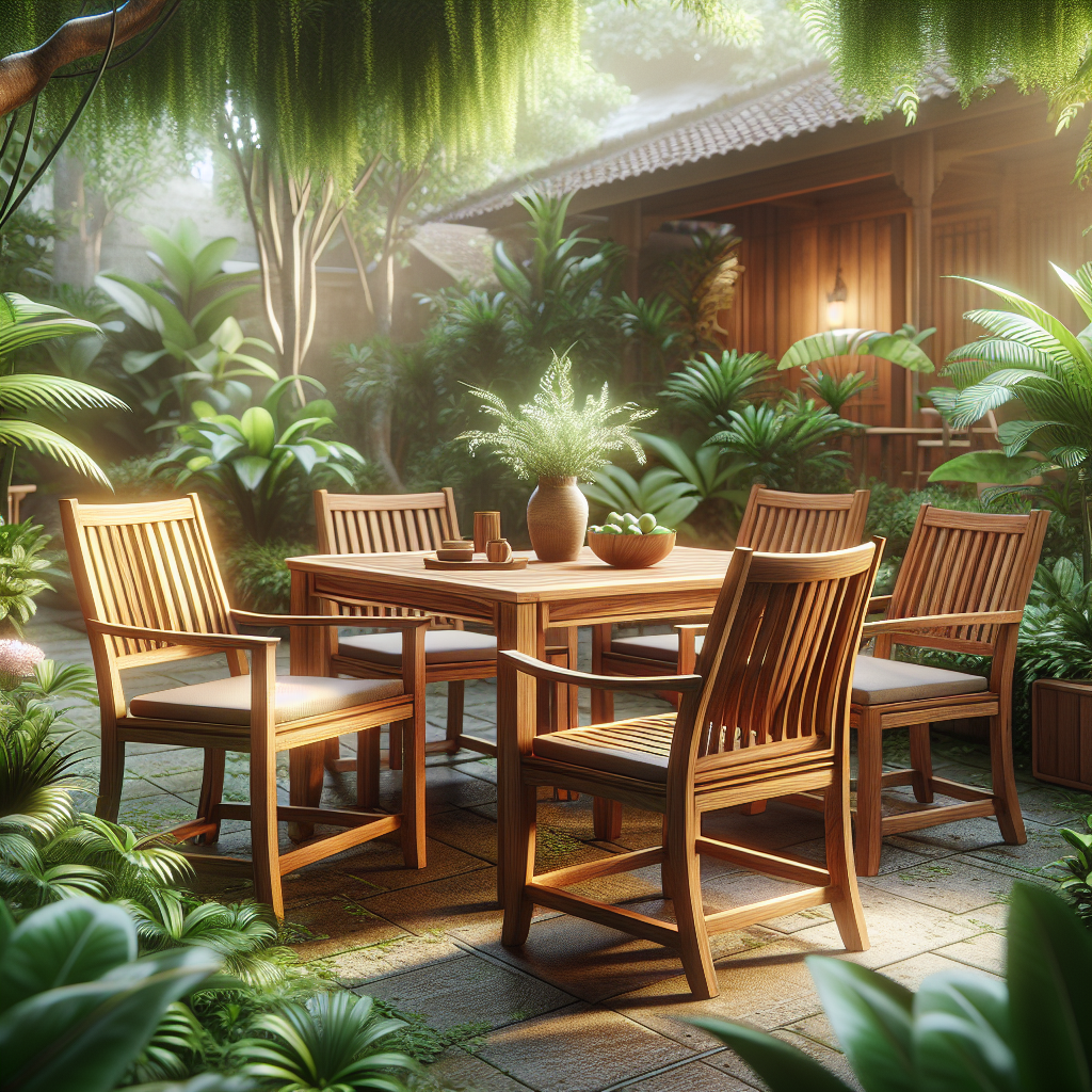 Teak garden furniture set in a tropical Indonesian garden