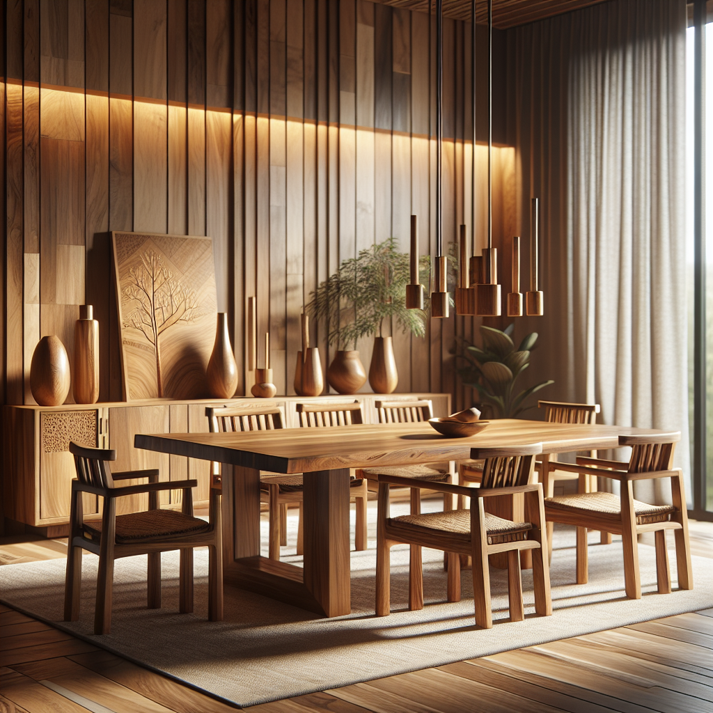 Indonesian teak wood dining table with chairs in modern room