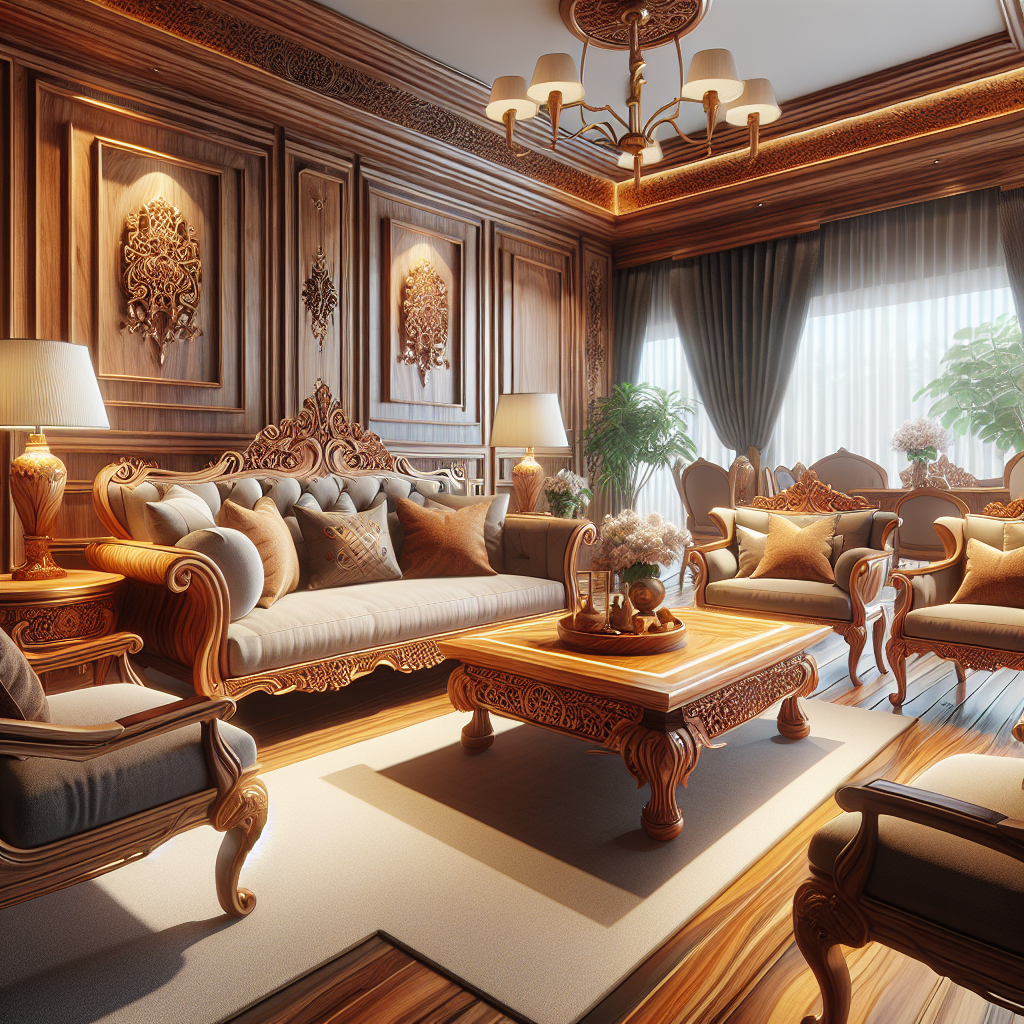 Indonesian teak wood furniture set in a bright living room