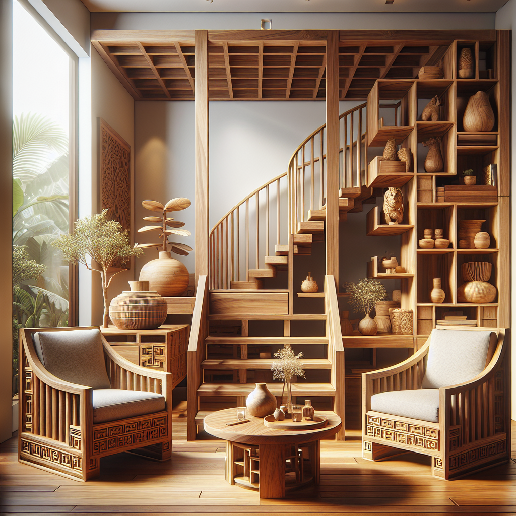 Indoor teak furniture set with polished teak wood armchair, coffee table, and shelving