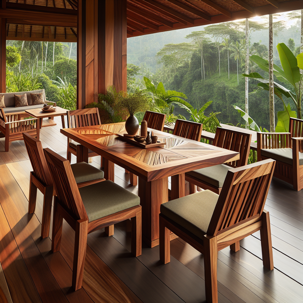 Indonesian teak wood dining furniture with natural grain and light finish on a terrace