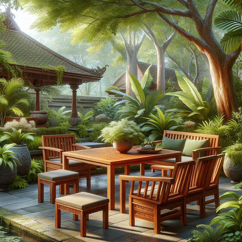 Teak garden furniture set in a lush tropical garden