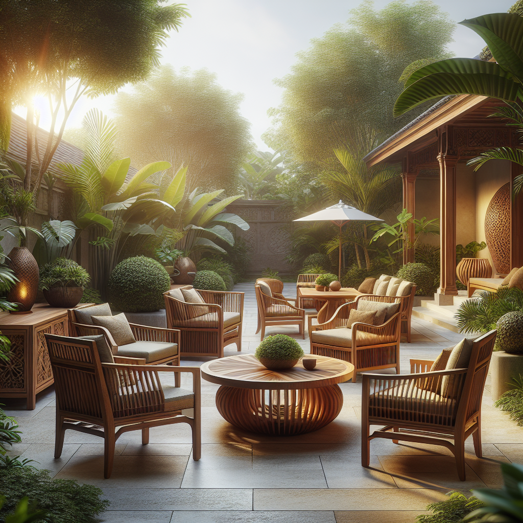 Teak garden furniture set outdoors with natural wood grain