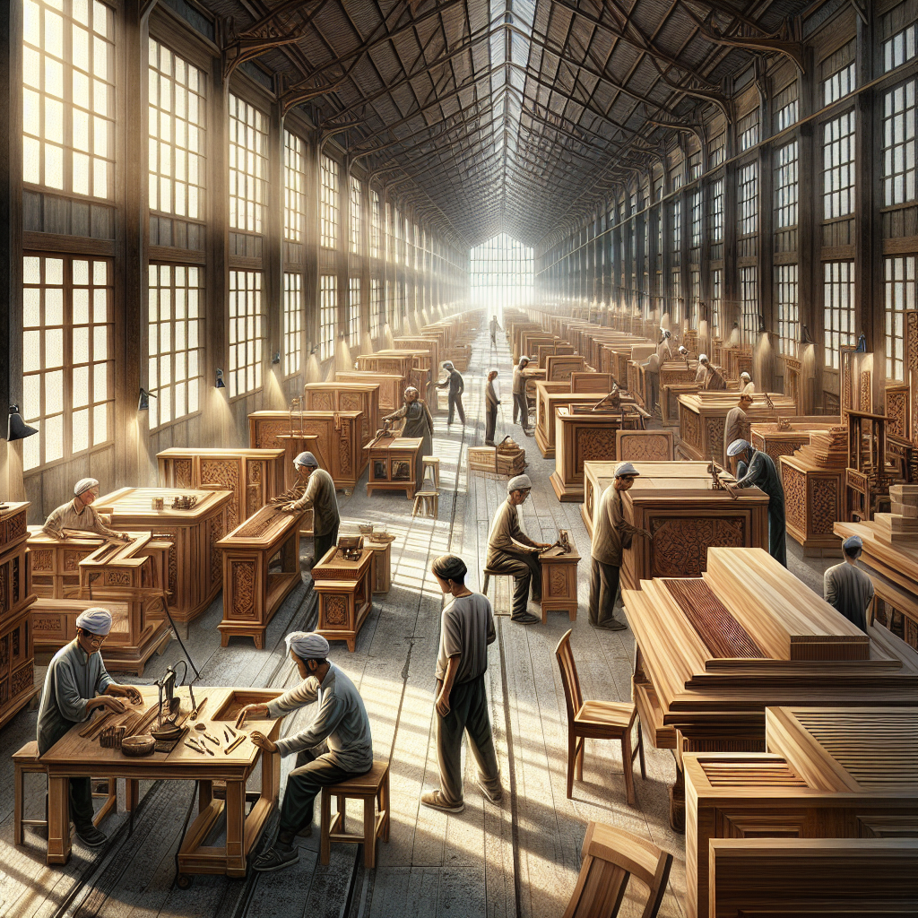Skilled craftsmen crafting teak wood furniture in an Indonesian factory
