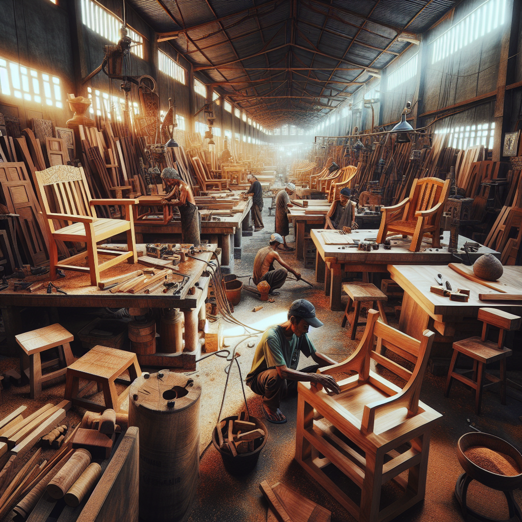 Skilled artisans crafting teak wood furniture in an Indonesian factory