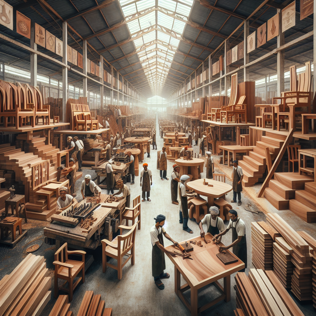 Artisans crafting teak furniture in an Indonesian factory workshop