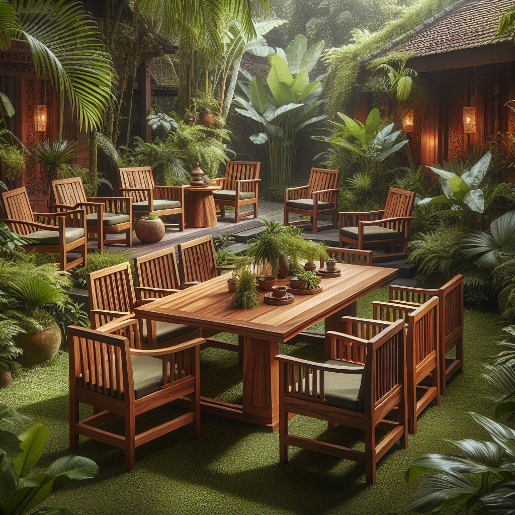 Teak garden furniture set in outdoor tropical garden