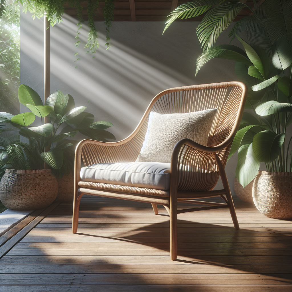 Elegant teak and rattan chair with cushion on wooden deck