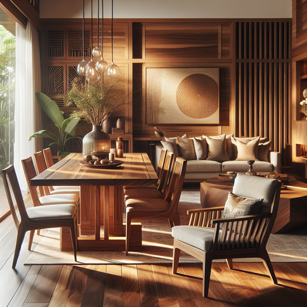 Indoor teak furniture set including dining table and chairs in natural warm lighting