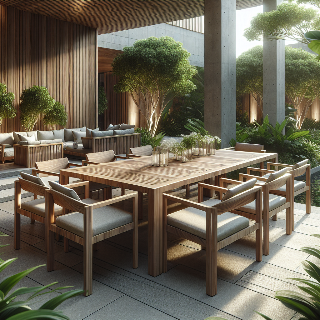 Teak wood patio furniture set on stone terrace with lush green garden background