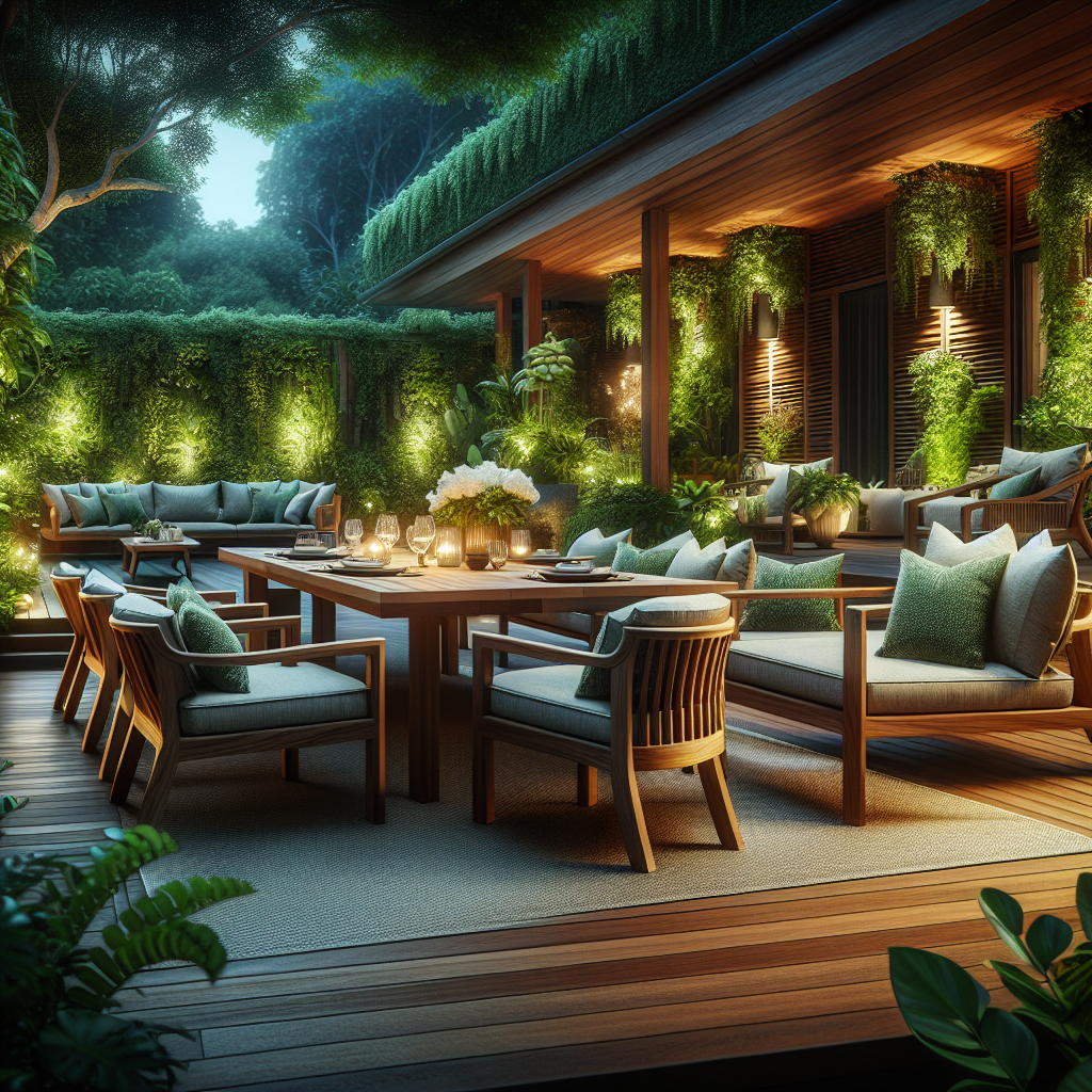 Teak wood patio table and chairs in garden setting