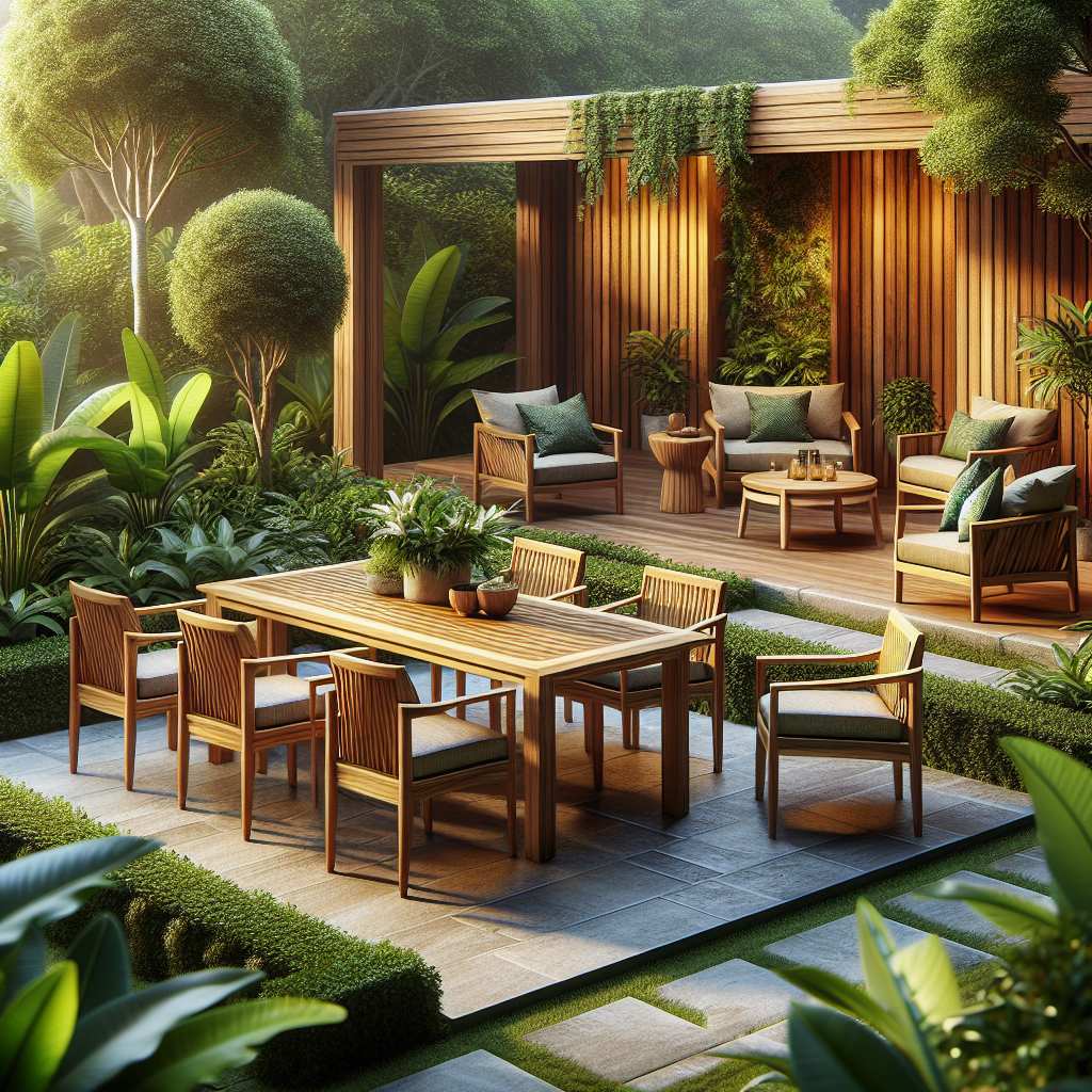 Teak garden furniture set with table and chairs in green garden
