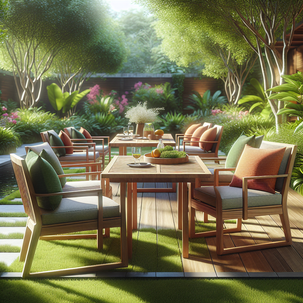 Solid teak wood patio furniture set with cushions in a garden